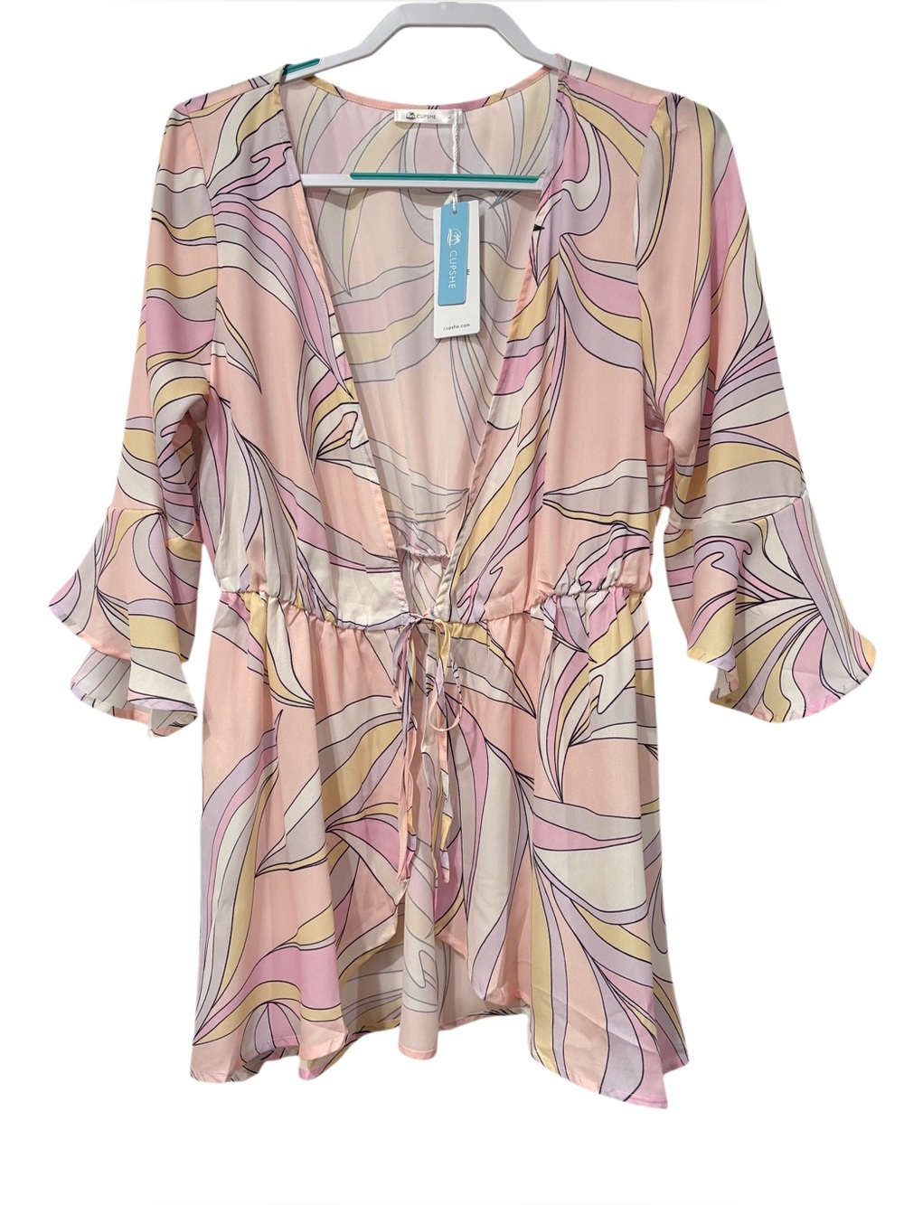 Open Front Swim Cover Up Flutter 3/4 Sleeve Abstract Print Size Large